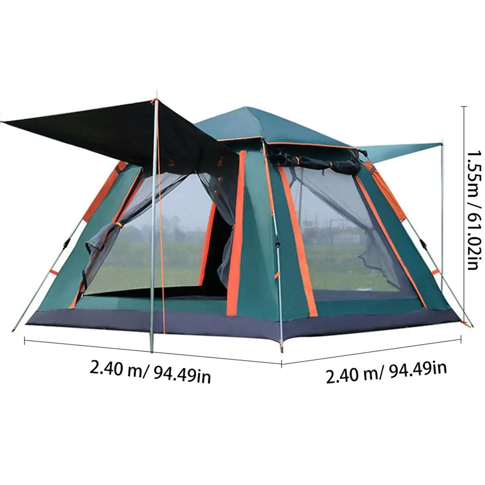 Snap Tent showcasing instant setup with a family inside, featuring large windows and durable design.