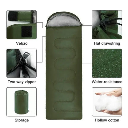 Insulated sleeping bag for cold weather with features like Velcro, two-way zipper, water-resistance, and compact storage.