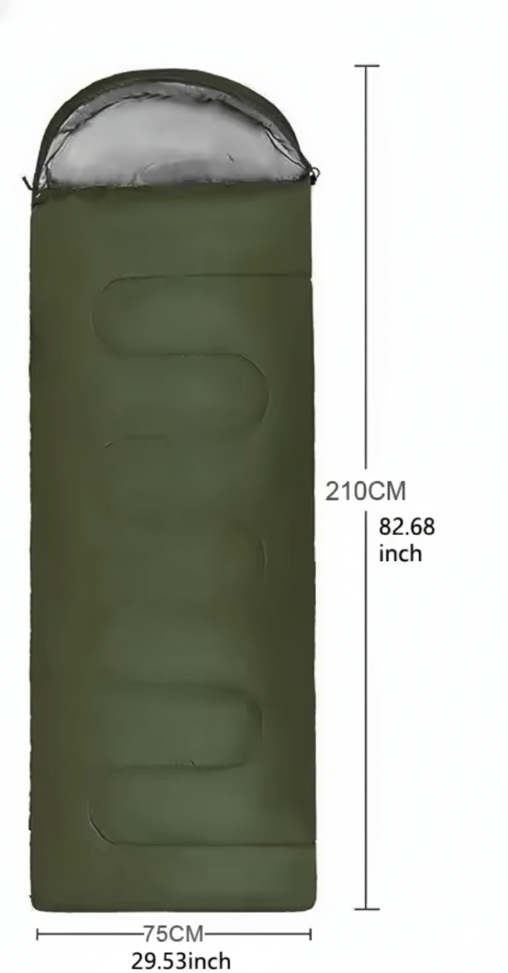Insulated sleeping bag for cold weather, dimensions 210cm by 75cm, designed for comfort during camping and hiking.