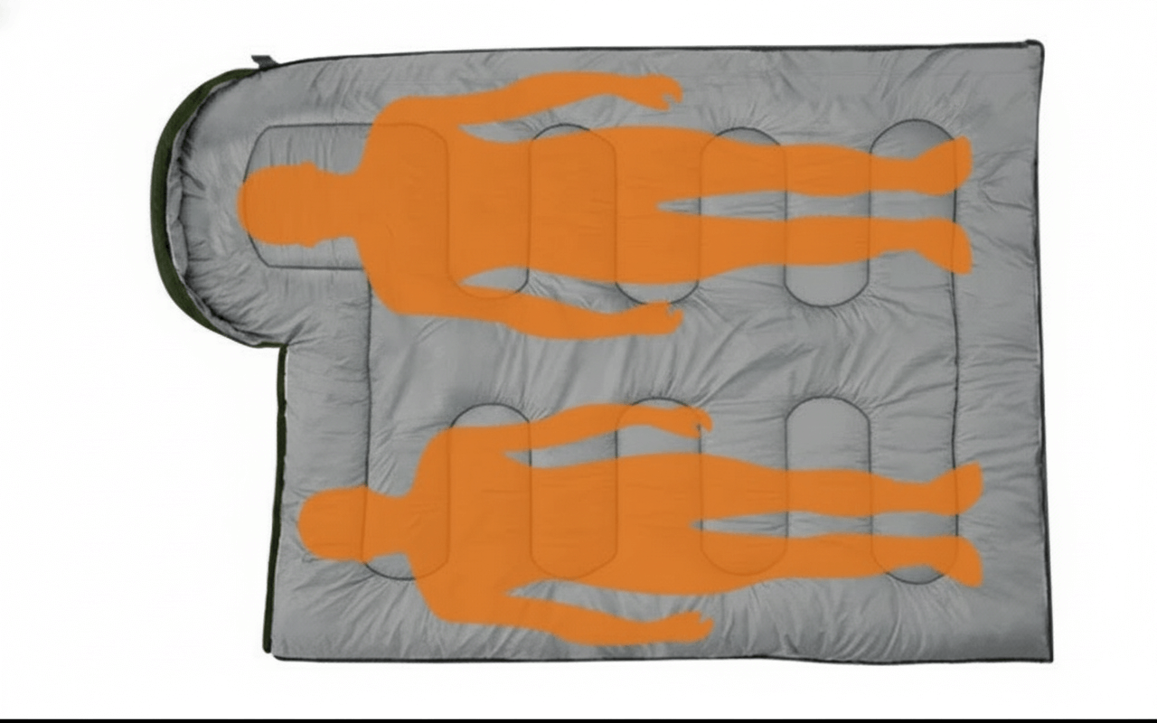 Insulated sleeping bag for cold weather featuring two silhouettes for spacious comfort during camping and hiking.