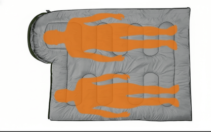 Insulated sleeping bag for cold weather featuring two silhouettes for spacious comfort during camping and hiking.
