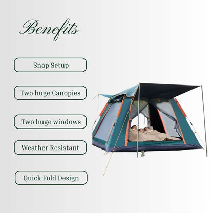 Snap Tent showcasing instant setup with a family inside, featuring large windows and durable design.